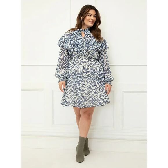Eloquii Chiffon Tie Neck Long Sleeve Fit & Flare Dress Plus Size 20 Blue White - Picture 3 of 11